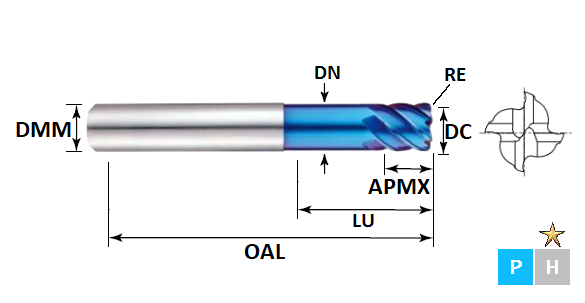 6.0mm 6 Flute 45 Helix 0.5mm Corner Radius Short Cut Extra Long Series Carbide End Mill